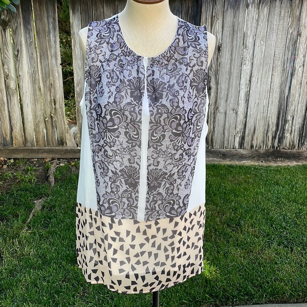 Cabi #938 Rosewater & White Ladylike Tunic Blouse Chic & Flowy Top Women's Sz M
